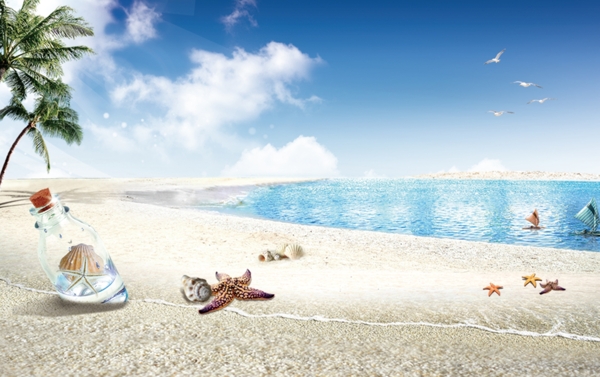 夏日风情海边沙滩漂流瓶海星