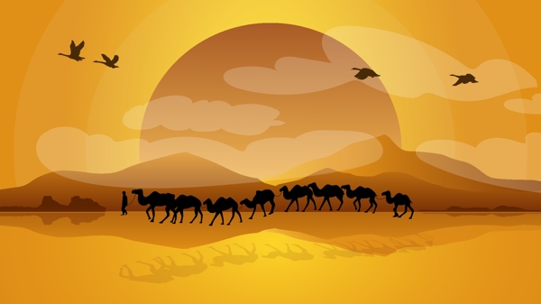 沙漠里夕阳下的骆驼队伍图片