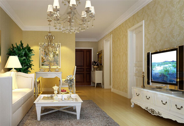 简欧小户型客厅白色沙发茶几电视柜效果图