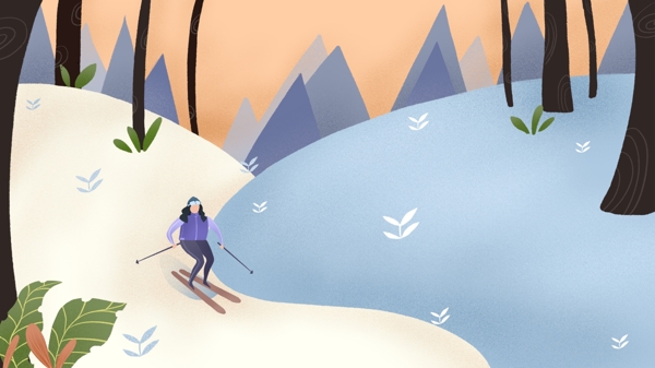 扁平风冬季旅行滑雪小清新插画