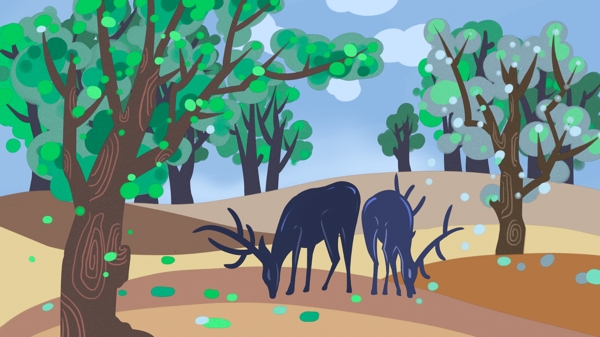 森林与鹿两只低头吃树叶的鹿原创插画