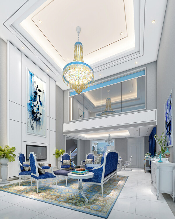 现代时尚客厅深蓝色餐椅室内装修效果图
