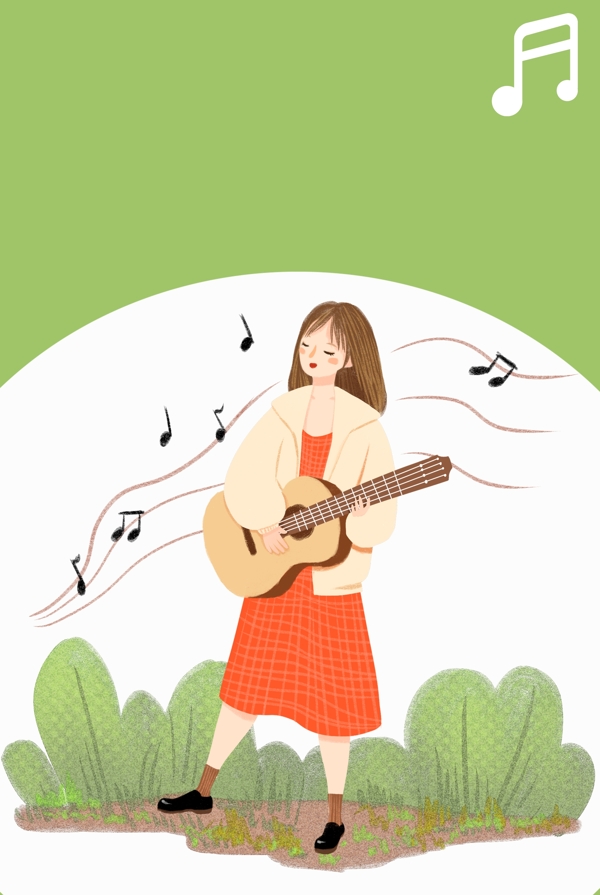 一个女孩在绿色环境里弹吉他