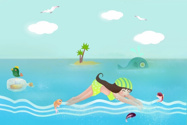 夏天海边旅行游泳插画