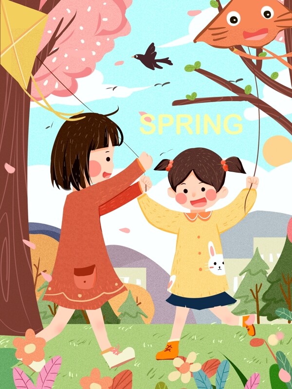 春天儿童在草地放风筝小清新春分插画