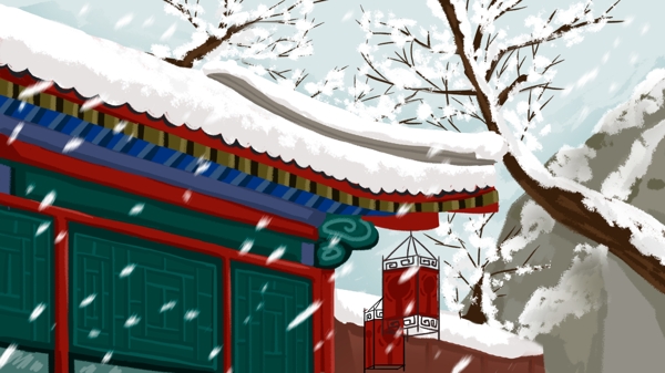 冬季雪景中式建筑红火灯笼孤树