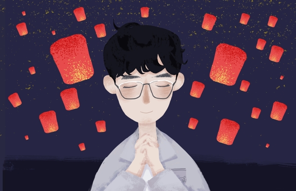 中元節(jié)男孩星空孔明燈下許愿小清新原創(chuàng)插畫