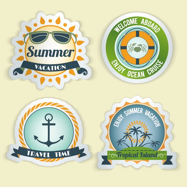 夏季海复古旅行时间的热带岛屿标志设置隔离矢量插画