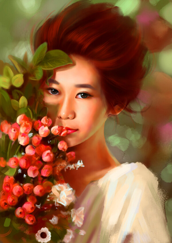 美女與花油畫(huà)圖片