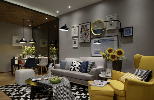 现代时尚客厅纯色亮面沙发室内装修效果图