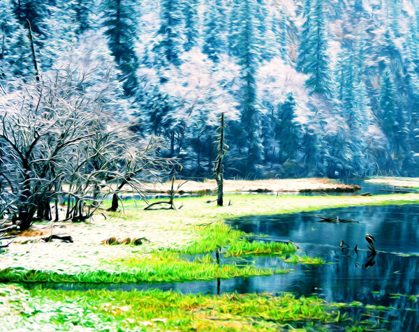冬雪山水风景油画图片