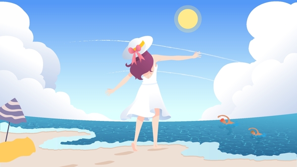 二十四节气处暑想要拥抱大海的女孩矢量插画