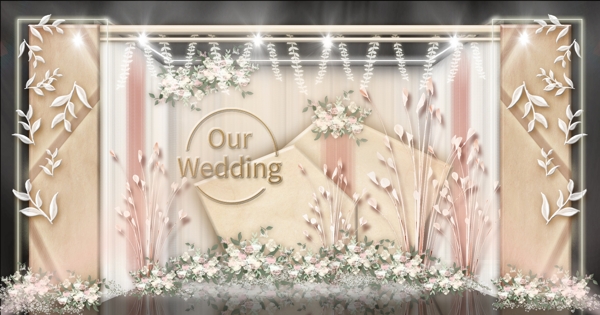 复式空间纱幔板材植物雕塑组合婚礼效果图