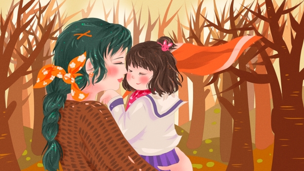 秋日私语树林里抱着女儿轻声说话的妈妈