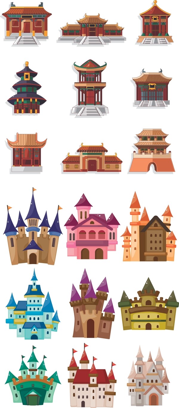 卡通风格中国古典建筑及欧式城堡