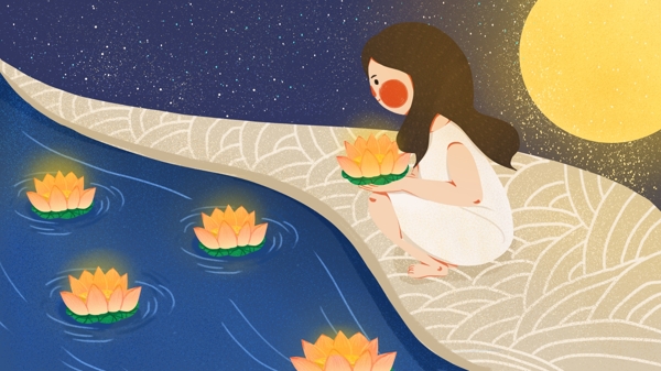 中元節(jié)祈愿少女荷燈可愛扁平原創(chuàng)插畫
