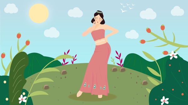 民族特色傣族姑娘跳孔雀舞蹈原创插画