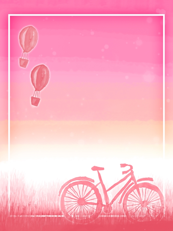 全原创手绘剪纸风粉色热气球自行车背景