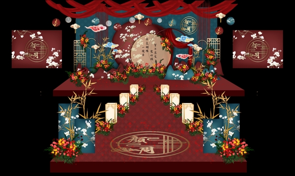 延禧风新中式婚礼舞台背景图片