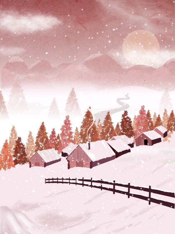 手绘冬天里的雪屋背景素材