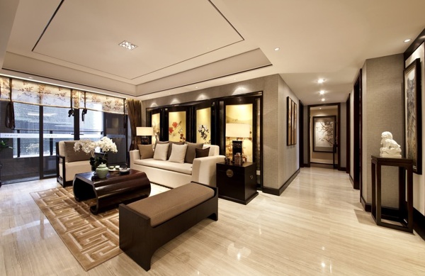 现代大户型清亮客厅瓷砖地板室内装修效果图