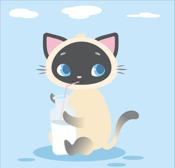 卡通小猫喝牛奶插画