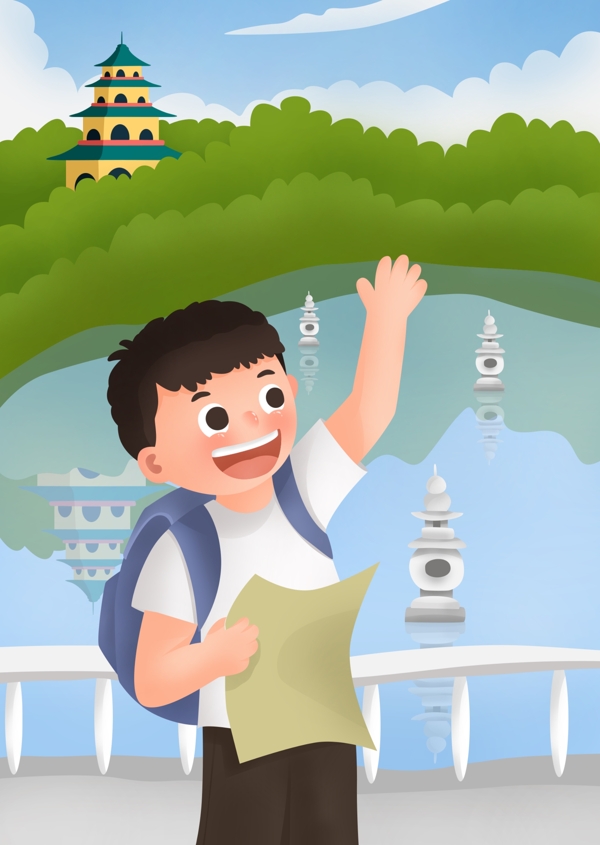 五一劳动节杭州西湖旅游卡通插画
