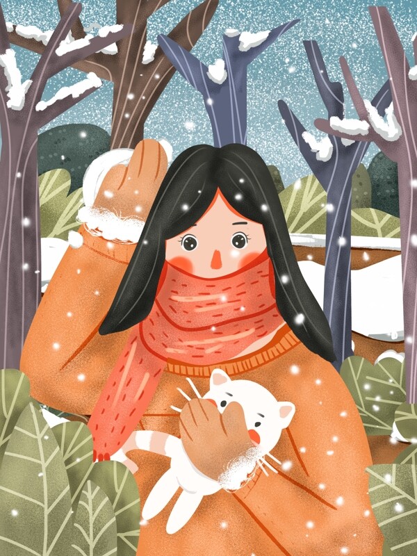 可爱卡通小清新女孩和猫咪一起打雪仗