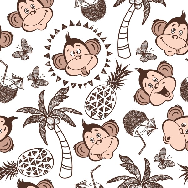 猴子菠萝椰树卡通设计