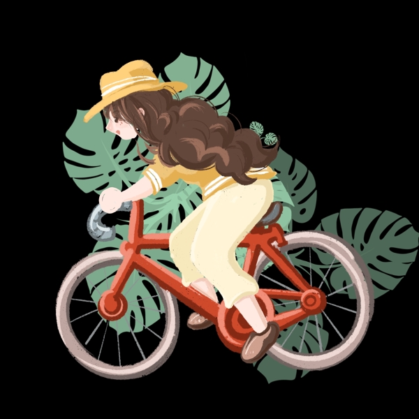 正在骑自行车的长发女孩手绘插画png免抠素材