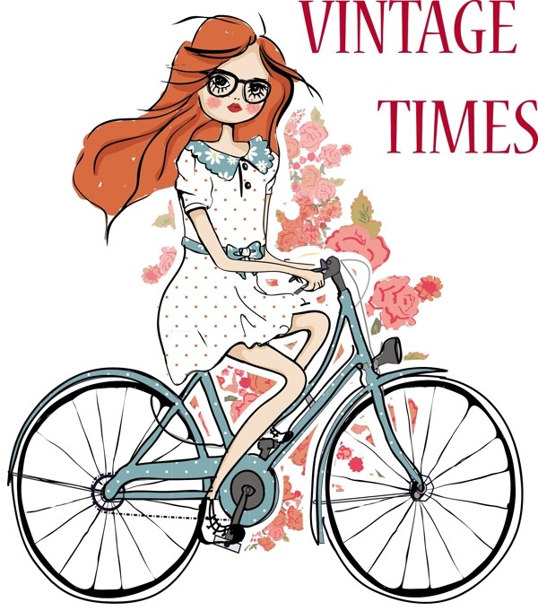手绘卡通骑自行车的女生插画