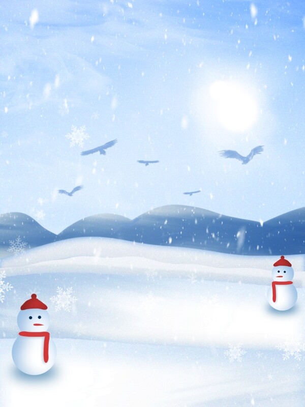 纯原创手绘小清新冬季下雪天雪地上雪人背景