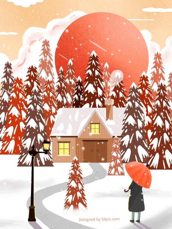 原创冬季风景下雪场景房屋树林插画