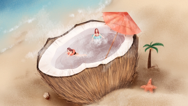 原创噪点插画椰子泳池沙滩创意水果插画少女