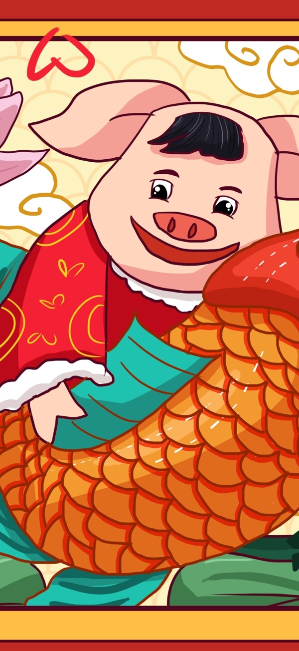 中国风年画红色喜庆猪年卡通年年有余插画