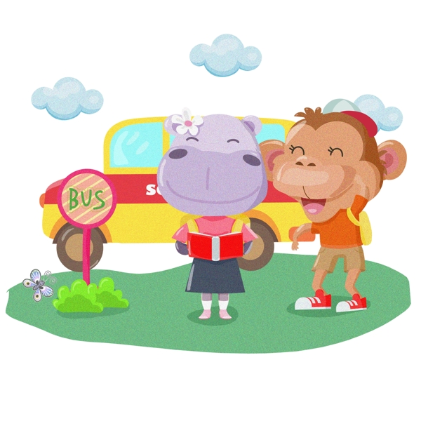 精品动物手绘卡通儿童插画可爱大象猴子