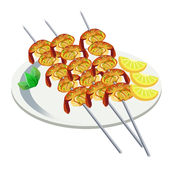 烧烤基围虾柠檬片美食撸串手绘食物小吃