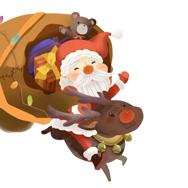 手绘可爱圣诞老人和麋鹿派送礼物原创元素