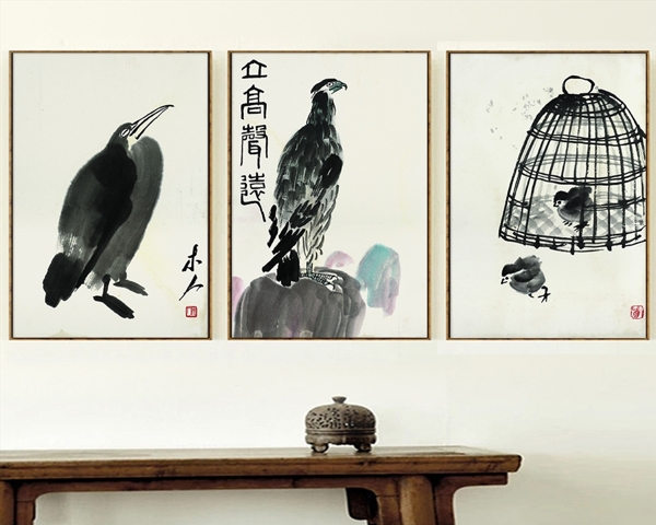 中式挂画简约手绘小鸟餐厅无框画