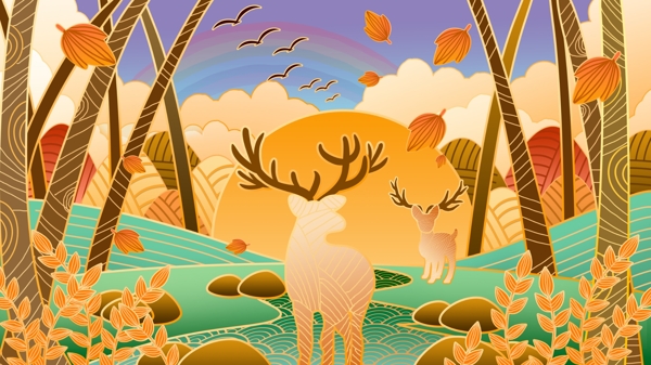 原創(chuàng)流光溢彩森林與鹿插畫