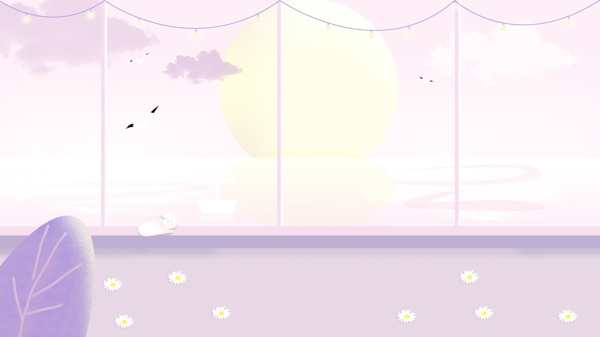 温馨粉紫色窗外景色插画背景