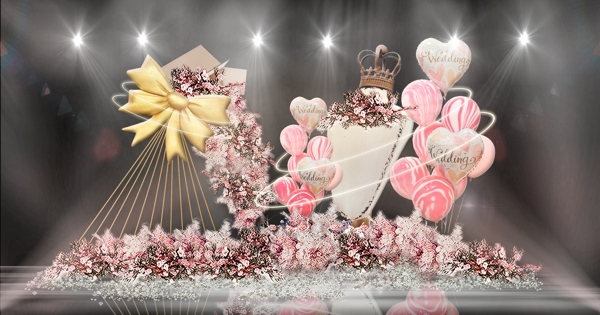 粉色童趣造型蝴蝶结雕塑皇冠人形婚礼效果图