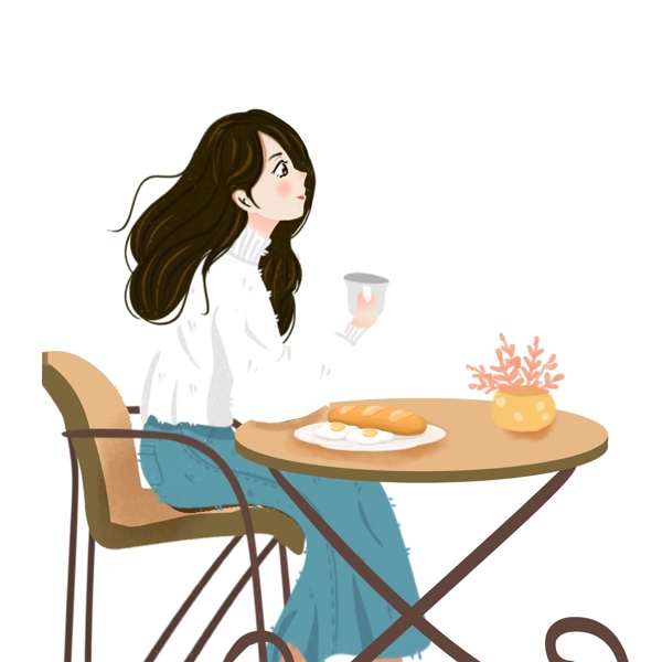 卡通小清新吃早餐的女孩