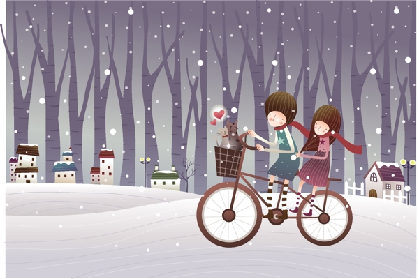 卡通冬季情侣风景素材背景