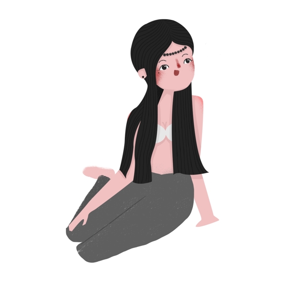 坐在地上的黑发漂亮女孩卡通元素