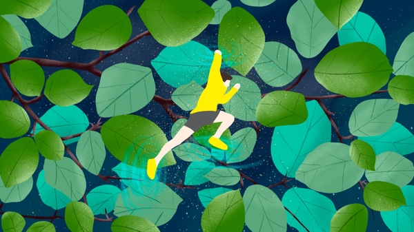 晚安你好树林间跳跃的黄衣少年手绘海报插画