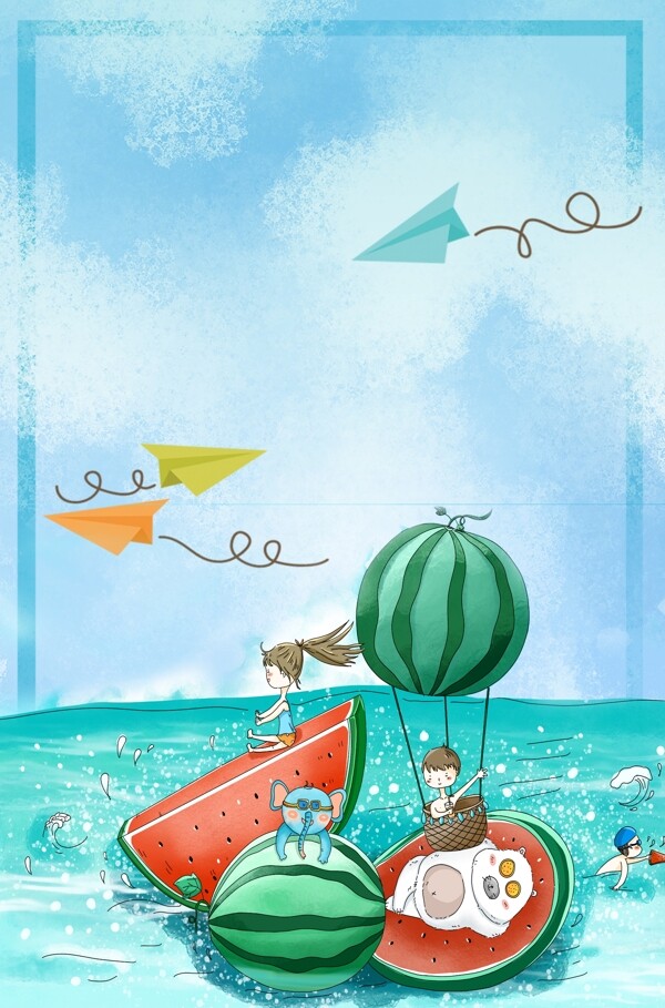 夏季手绘西瓜女孩男孩游玩玩水广告背景