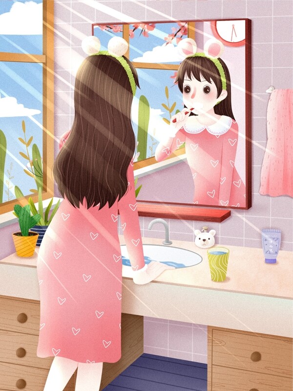 早安早上刷牙洗脸洗漱起床女孩可爱治愈插画