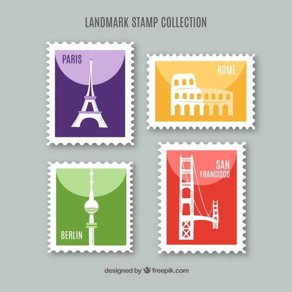 4款彩色旅游元素邮票矢量素材