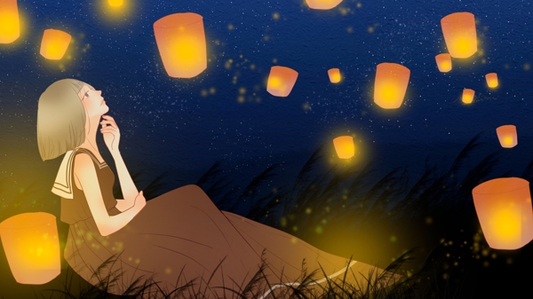 小清新中元節(jié)夜晚祈福的女孩與孔明燈